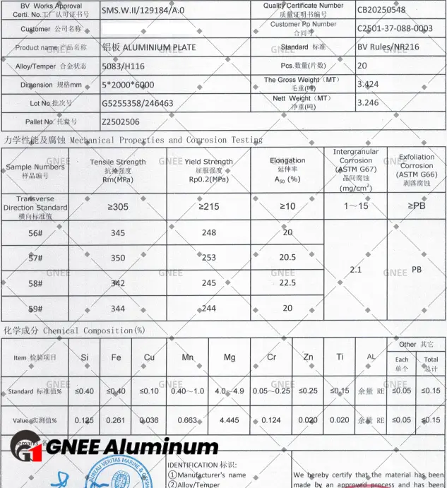 5083 H116 BV NR216 5x2000x6000 5083 H116 BV NR216 5x2000x6000